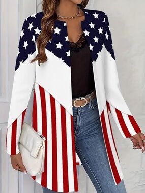 Patriotic Star & Stripe Open Front Coatigan - Red White Blue